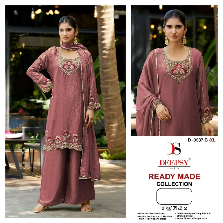 DEEPSY D.NO 3587 WHOLESALE READYMADE FANDY SATIN HEAVY BEATS WORK 3 PCS SUITS EXPORTER
