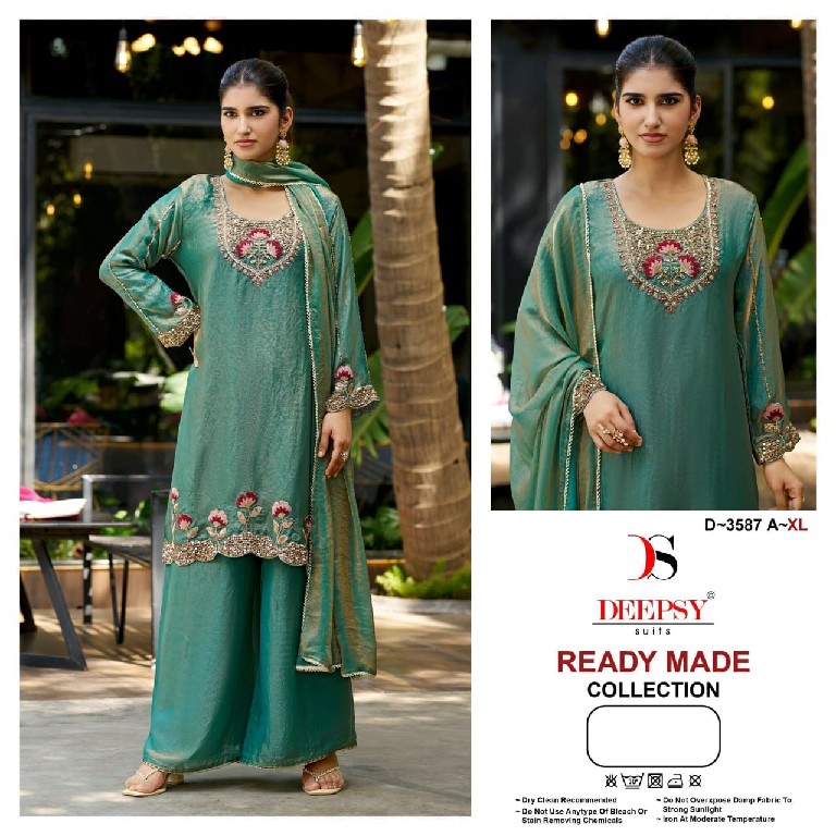 DEEPSY D.NO 3587 WHOLESALE READYMADE FANDY SATIN HEAVY BEATS WORK 3 PCS SUITS EXPORTER