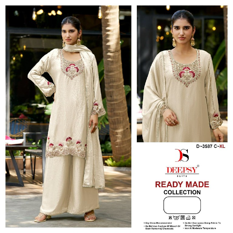 DEEPSY D.NO 3587 WHOLESALE READYMADE FANDY SATIN HEAVY BEATS WORK 3 PCS SUITS EXPORTER