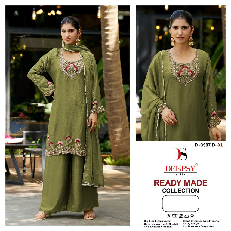 DEEPSY D.NO 3587 WHOLESALE READYMADE FANDY SATIN HEAVY BEATS WORK 3 PCS SUITS EXPORTER