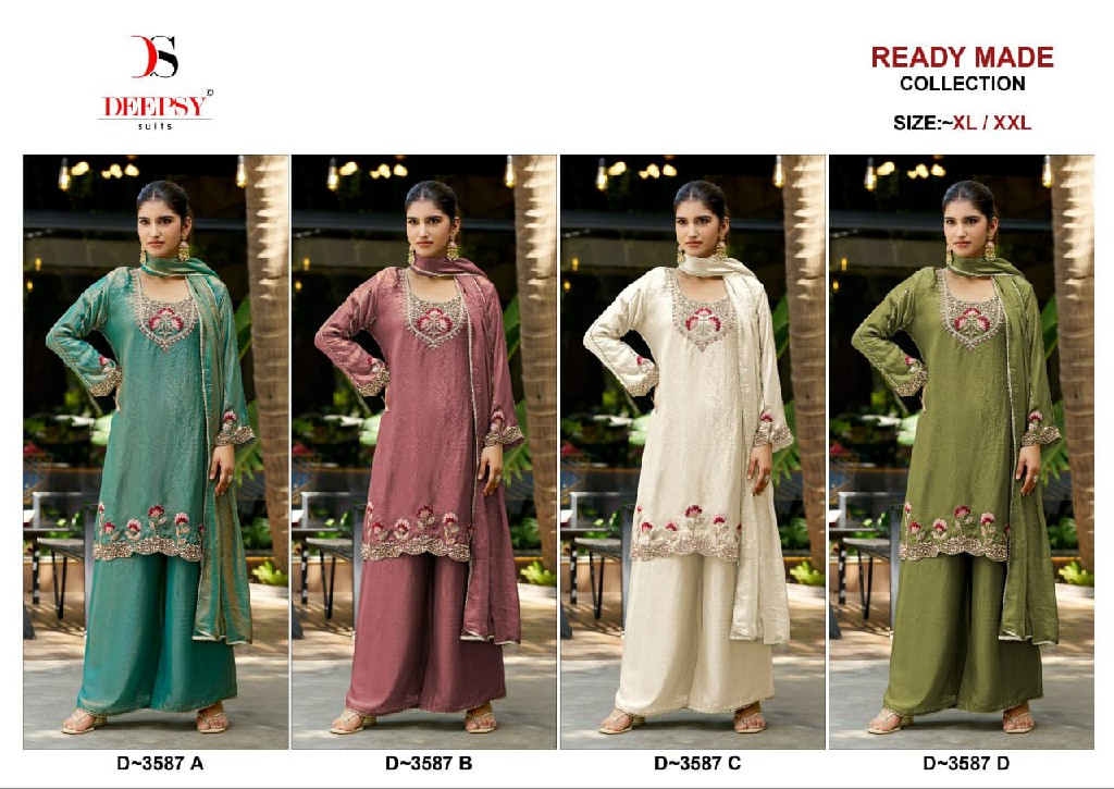 DEEPSY D.NO 3587 WHOLESALE READYMADE FANDY SATIN HEAVY BEATS WORK 3 PCS SUITS EXPORTER