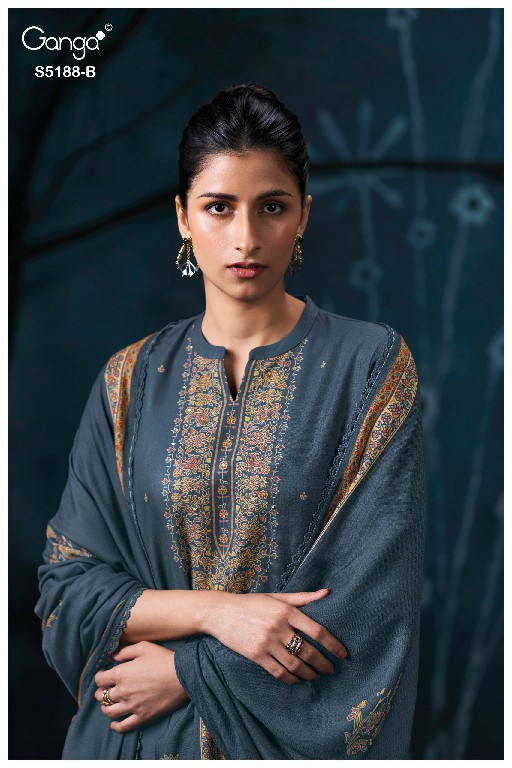 GANGA GRIEYA S5188 WHOLESALE PURE WOOL PASHMINA WINTER WEAR UNSTITCH SALWAR SUITS EXPORTER