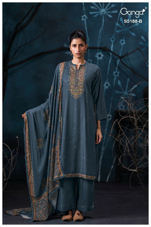 GANGA GRIEYA S5188 WHOLESALE PURE WOOL PASHMINA WINTER WEAR UNSTITCH SALWAR SUITS EXPORTER