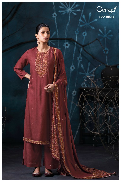 GANGA GRIEYA S5188 WHOLESALE PURE WOOL PASHMINA WINTER WEAR UNSTITCH SALWAR SUITS EXPORTER
