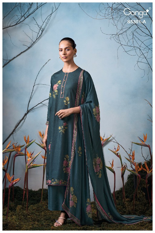 GANGA ISIS S5301 WHOLESALE PURE WOOL PASHMINA WINTER CLASSY LOOK UNSTITCH SALWAR SUITS EXPORTER