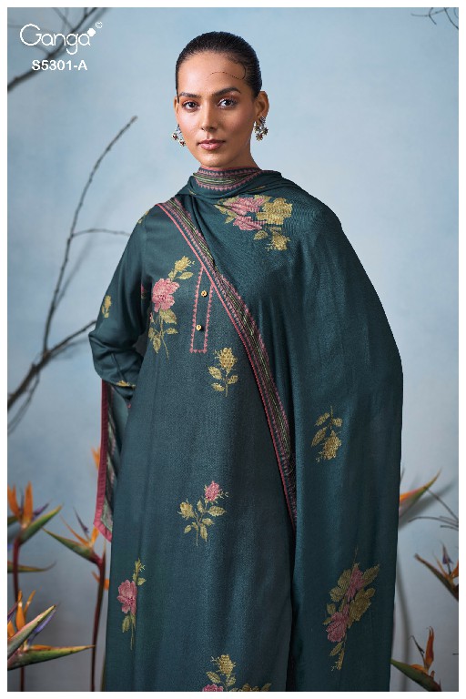 GANGA ISIS S5301 WHOLESALE PURE WOOL PASHMINA WINTER CLASSY LOOK UNSTITCH SALWAR SUITS EXPORTER