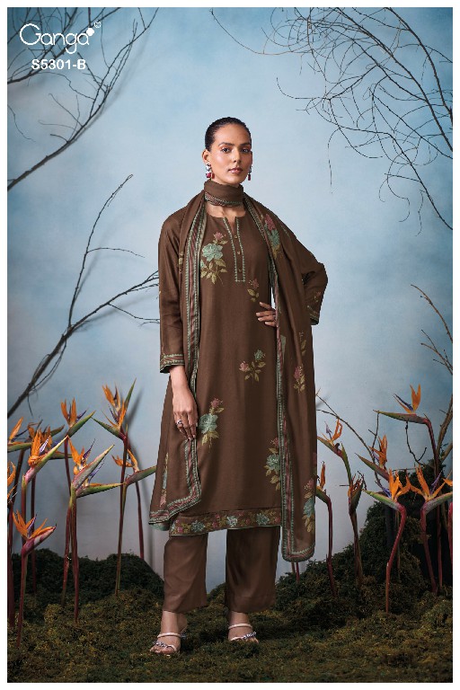 GANGA ISIS S5301 WHOLESALE PURE WOOL PASHMINA WINTER CLASSY LOOK UNSTITCH SALWAR SUITS EXPORTER
