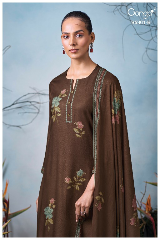 GANGA ISIS S5301 WHOLESALE PURE WOOL PASHMINA WINTER CLASSY LOOK UNSTITCH SALWAR SUITS EXPORTER