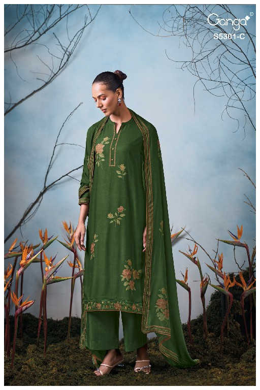 GANGA ISIS S5301 WHOLESALE PURE WOOL PASHMINA WINTER CLASSY LOOK UNSTITCH SALWAR SUITS EXPORTER