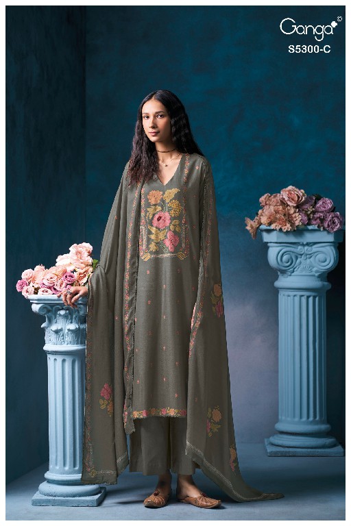 GANGA BAYAEL S5300 WHOLESALE PURE WOOL PASHMINA WINTER GORGEOUS LOOK UNSTITCH SALWAR SUITS EXPORTER