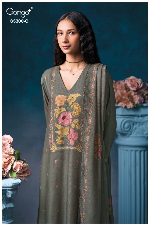 GANGA BAYAEL S5300 WHOLESALE PURE WOOL PASHMINA WINTER GORGEOUS LOOK UNSTITCH SALWAR SUITS EXPORTER