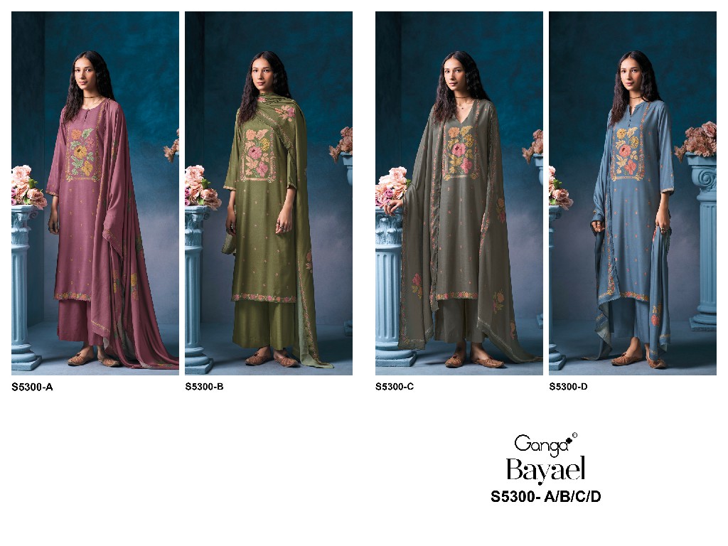 GANGA BAYAEL S5300 WHOLESALE PURE WOOL PASHMINA WINTER GORGEOUS LOOK UNSTITCH SALWAR SUITS EXPORTER