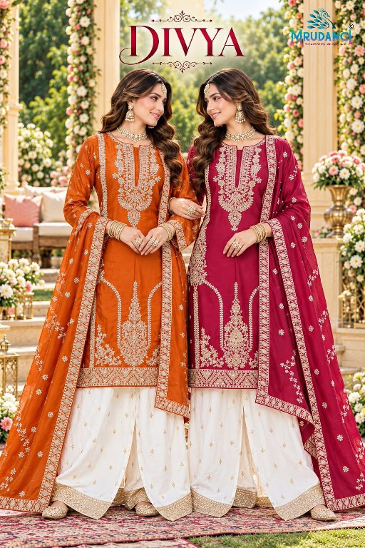 MRUDANGI DIVYA WHOLESALE READYMADE REAL CHINON PARTY WEAR PLAZZO STYLE 3 PCS SUITS FOR EXPORT