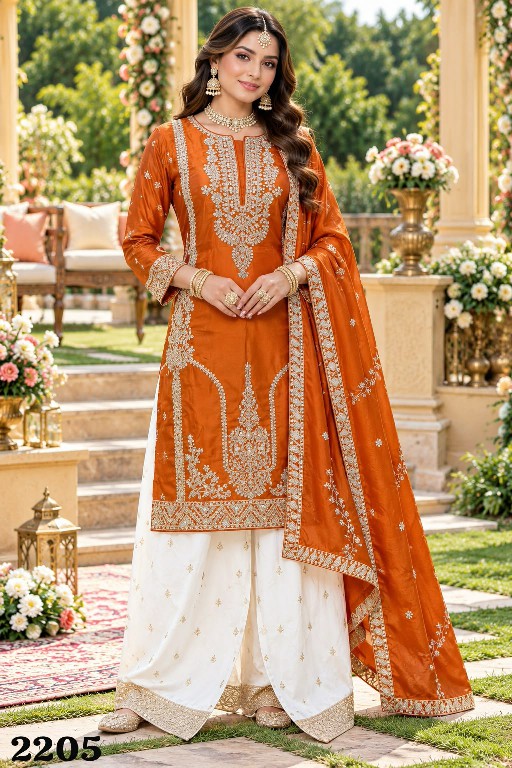 MRUDANGI DIVYA WHOLESALE READYMADE REAL CHINON PARTY WEAR PLAZZO STYLE 3 PCS SUITS FOR EXPORT
