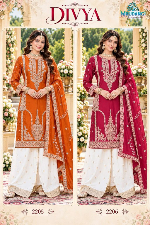 MRUDANGI DIVYA WHOLESALE READYMADE REAL CHINON PARTY WEAR PLAZZO STYLE 3 PCS SUITS FOR EXPORT