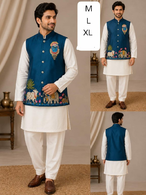 VENMER SHRINATHJI WHOLESALE READYMADE MALAI SATIN UNIQUE DESIGNER KOTI KURTA WITH PYJAMA FOR MEN ONLINE