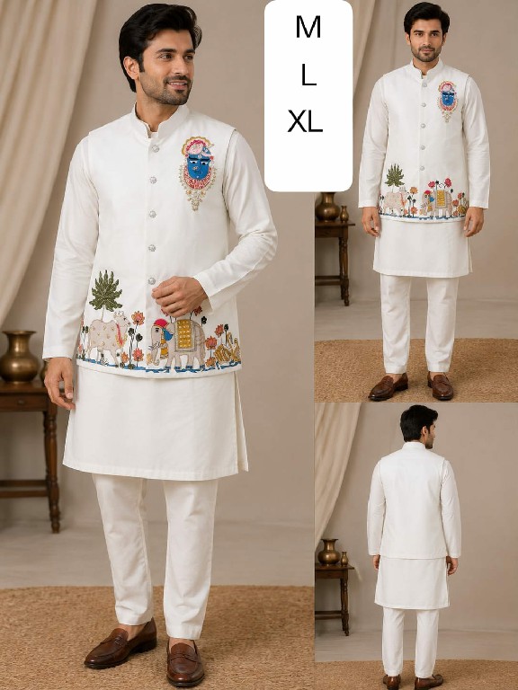VENMER SHRINATHJI WHOLESALE READYMADE MALAI SATIN UNIQUE DESIGNER KOTI KURTA WITH PYJAMA FOR MEN ONLINE