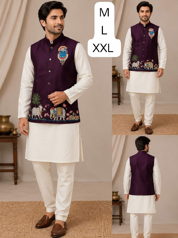 VENMER SHRINATHJI WHOLESALE READYMADE MALAI SATIN UNIQUE DESIGNER KOTI KURTA WITH PYJAMA FOR MEN ONLINE