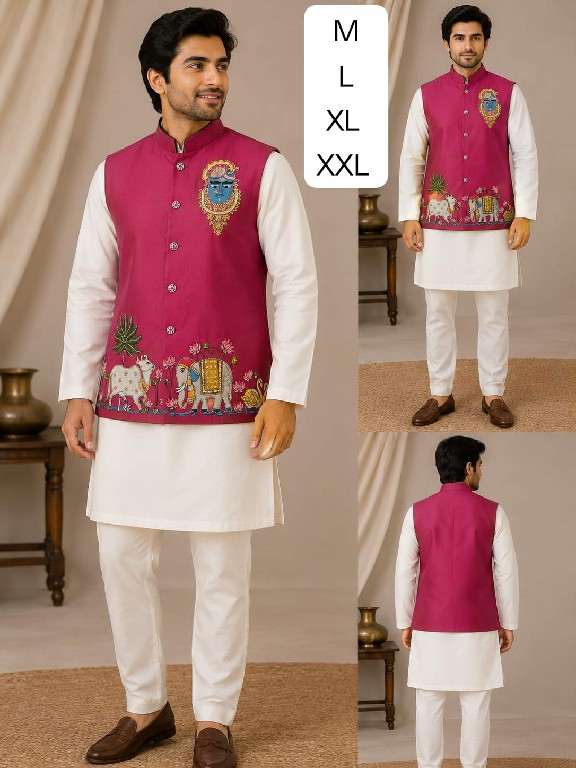 VENMER SHRINATHJI WHOLESALE READYMADE MALAI SATIN UNIQUE DESIGNER KOTI KURTA WITH PYJAMA FOR MEN ONLINE