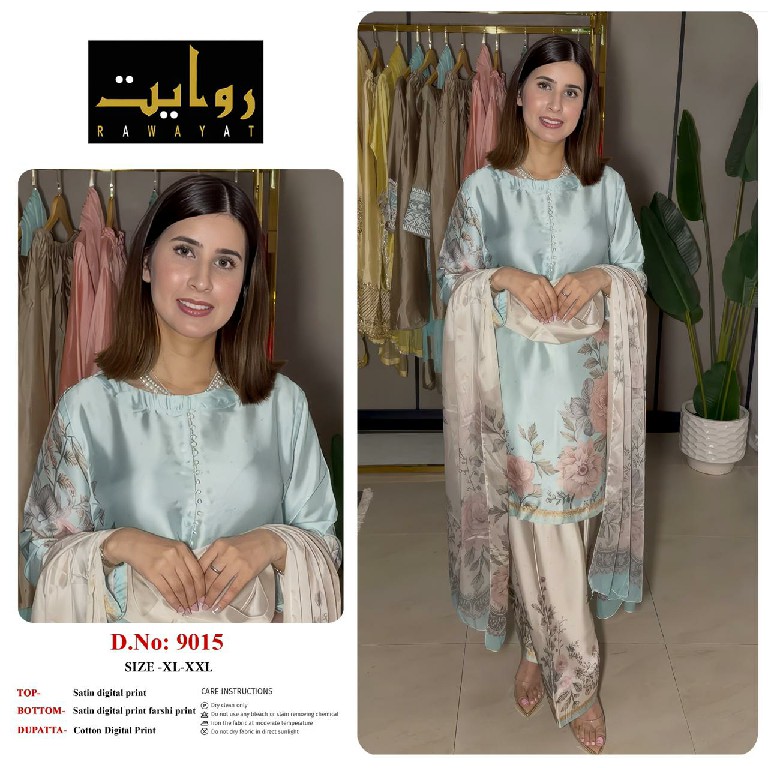 RAWAYAT D.NO 9015-9040 TO 9042-9102 TO 9104-9106-9109-9110-9113 WHOLESALE READYMADE SATIN PRINTED FARSHI SALWAR STYLE 3 PCS SUITS FOR EXPORT