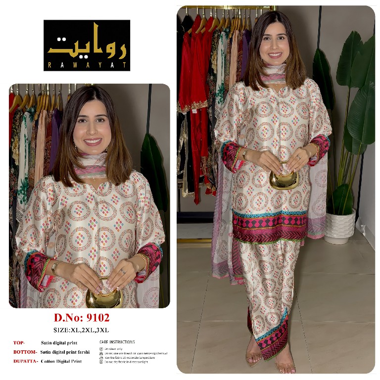RAWAYAT D.NO 9015-9040 TO 9042-9102 TO 9104-9106-9109-9110-9113 WHOLESALE READYMADE SATIN PRINTED FARSHI SALWAR STYLE 3 PCS SUITS FOR EXPORT