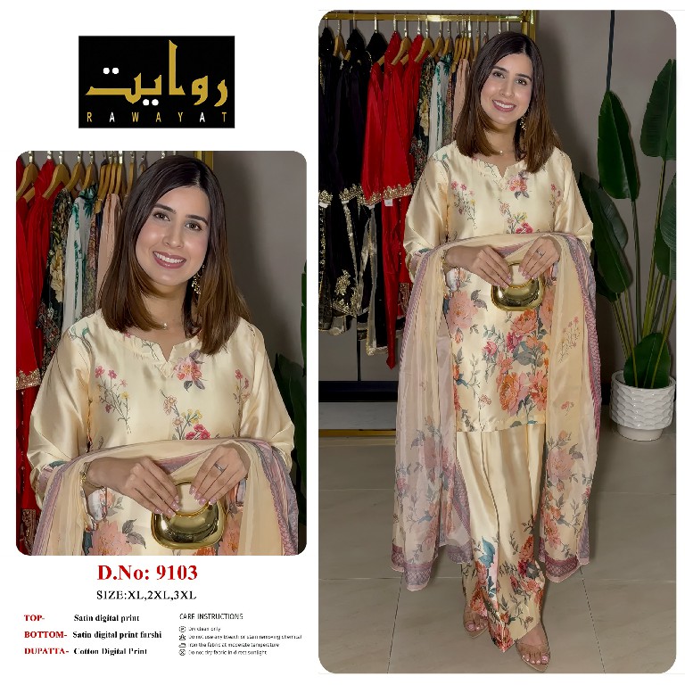 RAWAYAT D.NO 9015-9040 TO 9042-9102 TO 9104-9106-9109-9110-9113 WHOLESALE READYMADE SATIN PRINTED FARSHI SALWAR STYLE 3 PCS SUITS FOR EXPORT