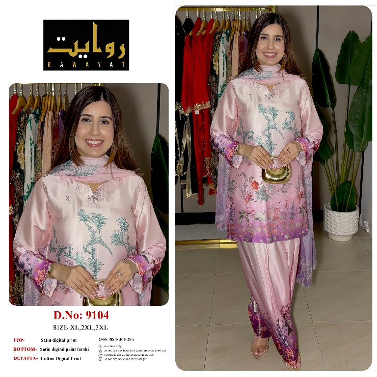 RAWAYAT D.NO 9015-9040 TO 9042-9102 TO 9104-9106-9109-9110-9113 WHOLESALE READYMADE SATIN PRINTED FARSHI SALWAR STYLE 3 PCS SUITS FOR EXPORT