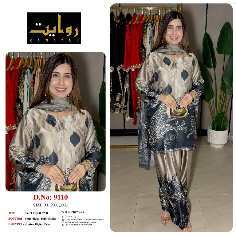 RAWAYAT D.NO 9015-9040 TO 9042-9102 TO 9104-9106-9109-9110-9113 WHOLESALE READYMADE SATIN PRINTED FARSHI SALWAR STYLE 3 PCS SUITS FOR EXPORT