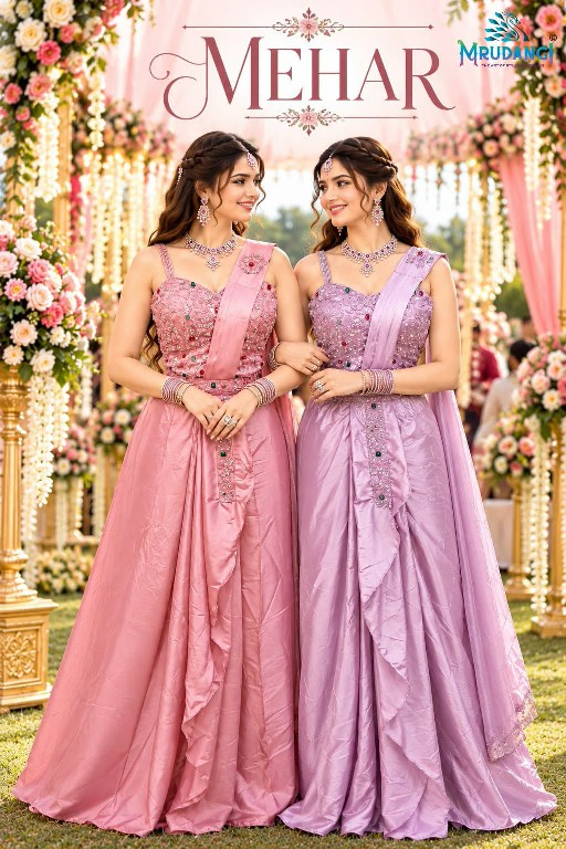 MRUDANGI MEHAR WHOLESALE REAL SATIN READY TO WEAR DESIGNER SAREES FOR WOMEN SUPPLIER