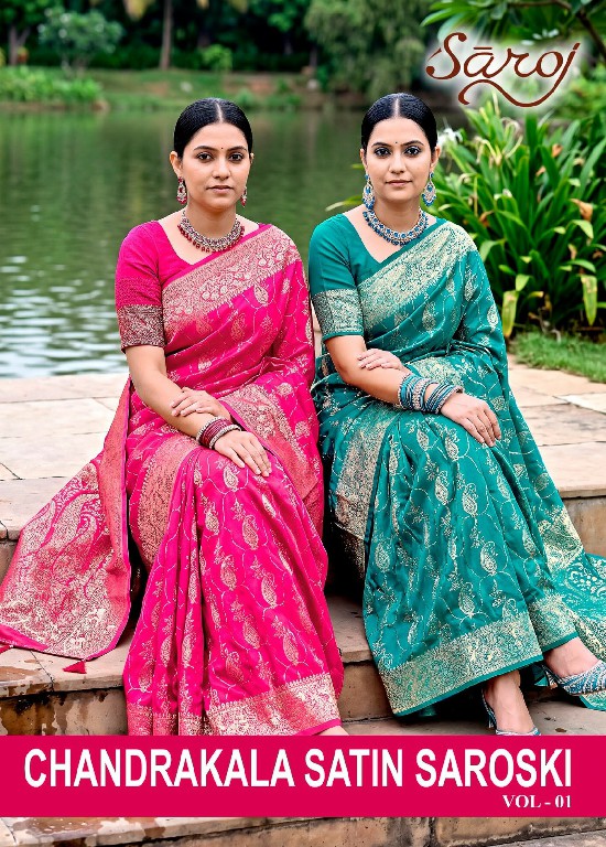SAROJ CHANDRAKALA SATIN SAROSKI VOL 1 WHOLESALE SATIN SILK FESTIVE WEAR INDIAN SAREES FOR WOMEN ONLINE