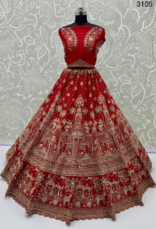 TEXTILEDEAL D.NO 3105 WHOLESALE GADHWAL SILK FANTASTIC RED BRIDAL LEHENGA CHOLI FOR EXPORT