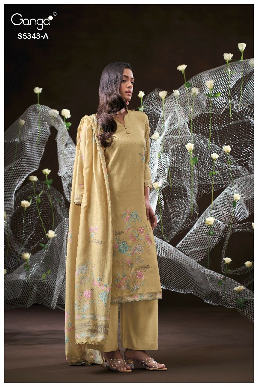 GANGA HRUSHEL S5343 WHOLESALE PURE WOOL PASHMINA WINTER FANCY DESIGN UNSTITCH SALWAR SUITS SUPPLIER