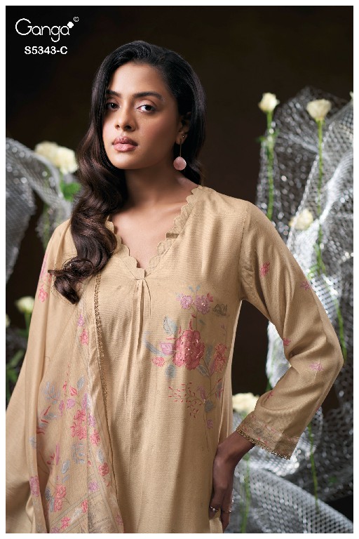 GANGA HRUSHEL S5343 WHOLESALE PURE WOOL PASHMINA WINTER FANCY DESIGN UNSTITCH SALWAR SUITS SUPPLIER
