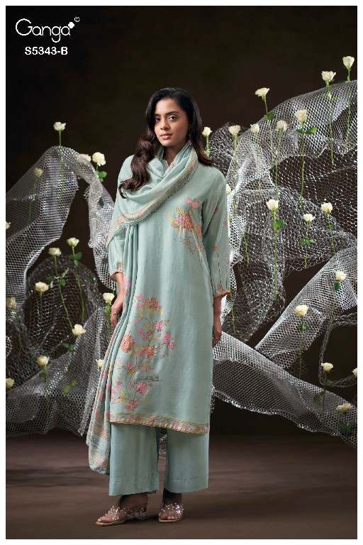 GANGA HRUSHEL S5343 WHOLESALE PURE WOOL PASHMINA WINTER FANCY DESIGN UNSTITCH SALWAR SUITS SUPPLIER