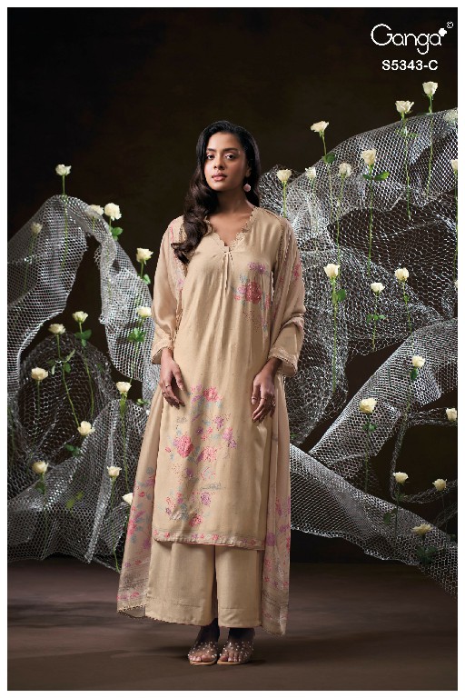 GANGA HRUSHEL S5343 WHOLESALE PURE WOOL PASHMINA WINTER FANCY DESIGN UNSTITCH SALWAR SUITS SUPPLIER