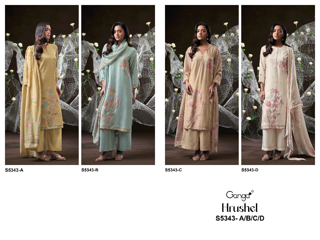 GANGA HRUSHEL S5343 WHOLESALE PURE WOOL PASHMINA WINTER FANCY DESIGN UNSTITCH SALWAR SUITS SUPPLIER