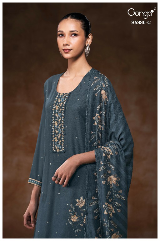 GANGA JAIRA S5380 WHOLESALE PURE WOOL PASHMINA WINTER WEAR UNSTITCH SALWAR SUITS SUPPLIER