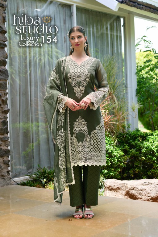 HIBA STUDIO D.NO LPC-154 WHOLESALE READYMADE ORGANZA ELEGANT PAKISTANI 3 PCS COMBO SET SUITS EXPORTER