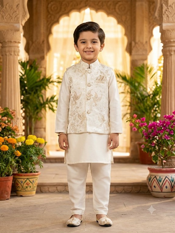 VENMER LAUNCH READYMADE OCCASION WEAR SILK KURTA PYJAMA WITH JACQUARD KOTI FOR KIDS ONLINE