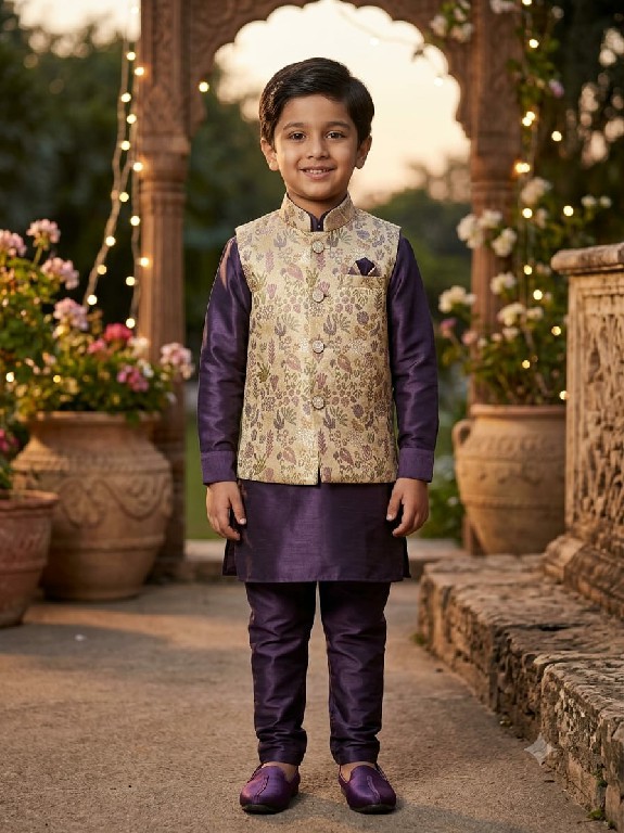 VENMER LAUNCH READYMADE OCCASION WEAR SILK KURTA PYJAMA WITH JACQUARD KOTI FOR KIDS ONLINE