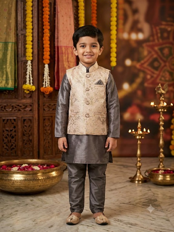 VENMER LAUNCH READYMADE OCCASION WEAR SILK KURTA PYJAMA WITH JACQUARD KOTI FOR KIDS ONLINE