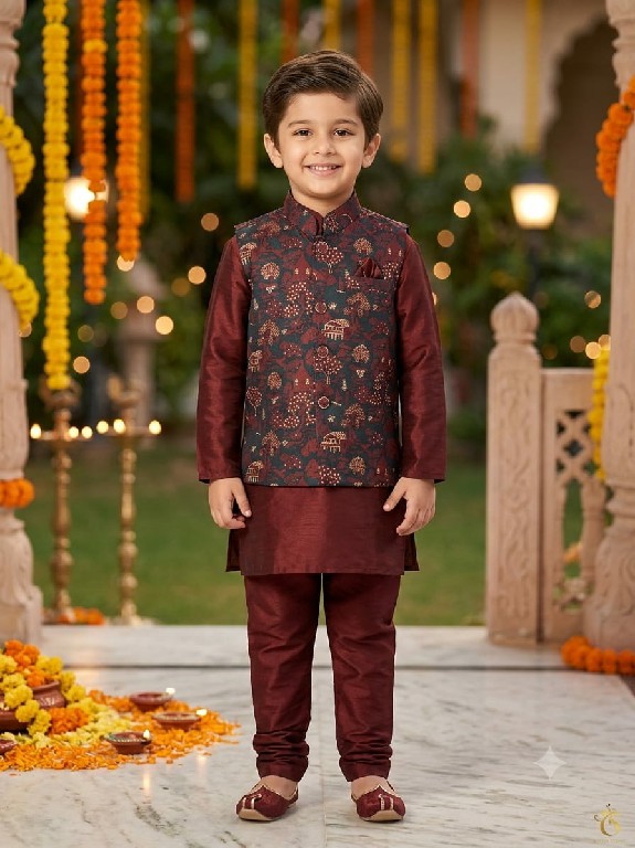 VENMER LAUNCH READYMADE OCCASION WEAR SILK KURTA PYJAMA WITH JACQUARD KOTI FOR KIDS ONLINE