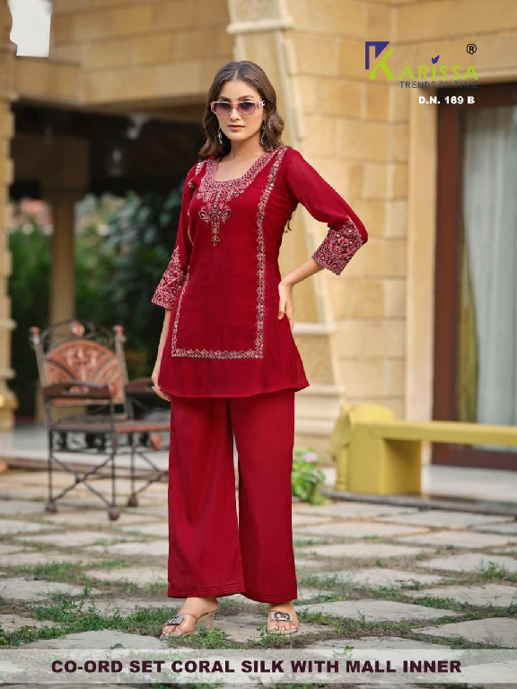 KARISSA D.NO 168-169 WHOLESALE READYMADE PREMIUM CORAL UNIQUE STYLISH COMBO CORD SET FOR EXPORT