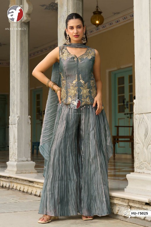 ANJU FAB D.NO HU 75025 TO 75027 WHOLESALE READYMADE PURE CRUSH TISSUE DESIGNER INDO WESTERN DRESS COMBO FOR WOMEN ONLINE