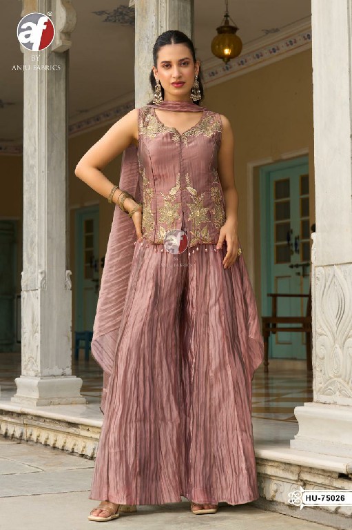 ANJU FAB D.NO HU 75025 TO 75027 WHOLESALE READYMADE PURE CRUSH TISSUE DESIGNER INDO WESTERN DRESS COMBO FOR WOMEN ONLINE