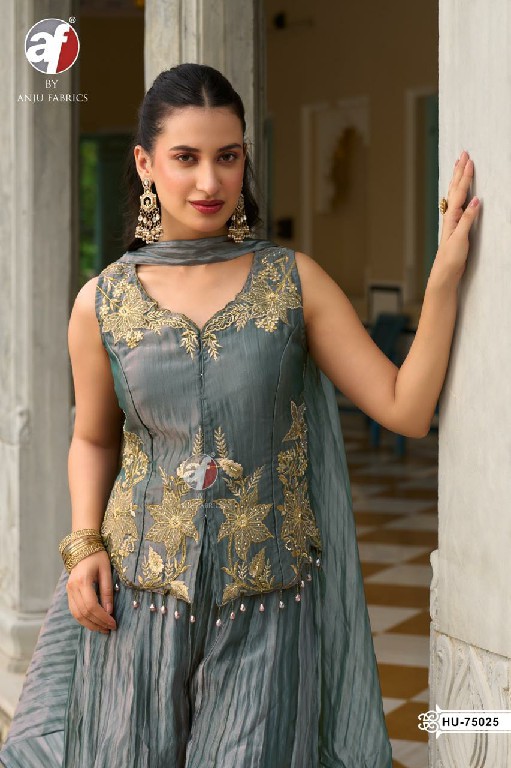 ANJU FAB D.NO HU 75025 TO 75027 WHOLESALE READYMADE PURE CRUSH TISSUE DESIGNER INDO WESTERN DRESS COMBO FOR WOMEN ONLINE