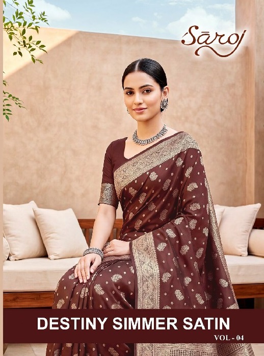 SAROJ DESTINY SIMMER SATIN VOL 4 WHOLESALE TISSUE SATIN OCCASION WEAR INDIAN SAREES FOR WOMEN SUPPLIER