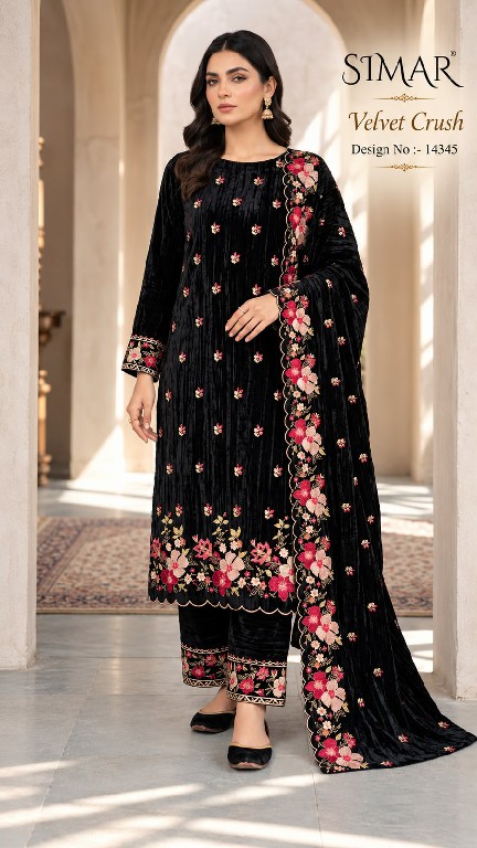 GLOSSY SIMAR VELVET CRUSH D.NO 14345 WHOLESALE VELVET WINTER SPECIAL UNSTITCH SALWAR SUITS EXPORTER
