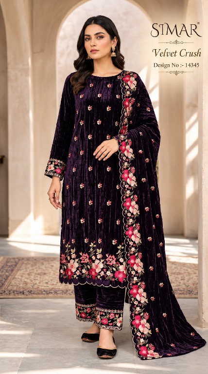 GLOSSY SIMAR VELVET CRUSH D.NO 14345 WHOLESALE VELVET WINTER SPECIAL UNSTITCH SALWAR SUITS EXPORTER