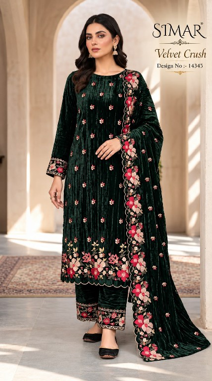 GLOSSY SIMAR VELVET CRUSH D.NO 14345 WHOLESALE VELVET WINTER SPECIAL UNSTITCH SALWAR SUITS EXPORTER